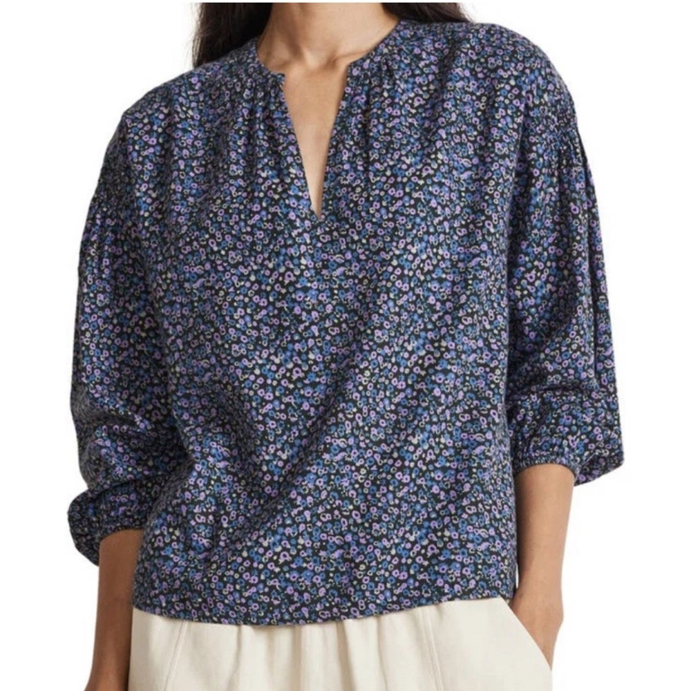 Apiece Apart Floral Cotton Split Neck Blouse Purple Blue Small